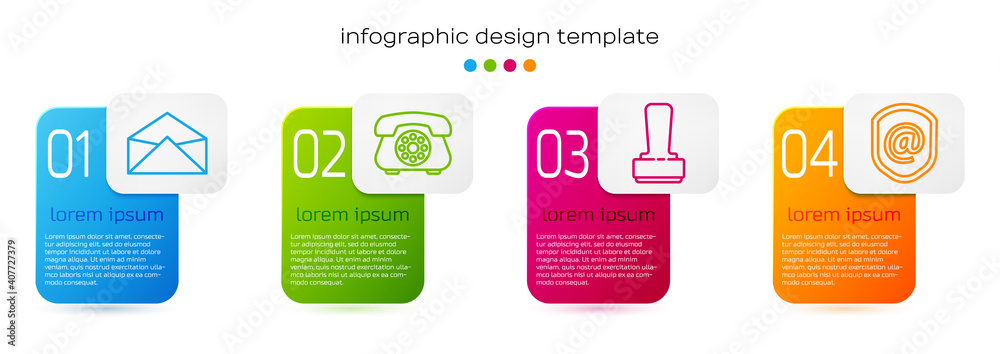 用邮件和电子邮件设置信封、电话、印章和盾牌。商业信息图模板。