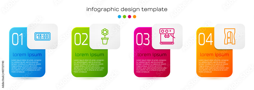 设置线数字闹钟、花盆中的花朵、咖啡机和卷笔刀。商业信息图