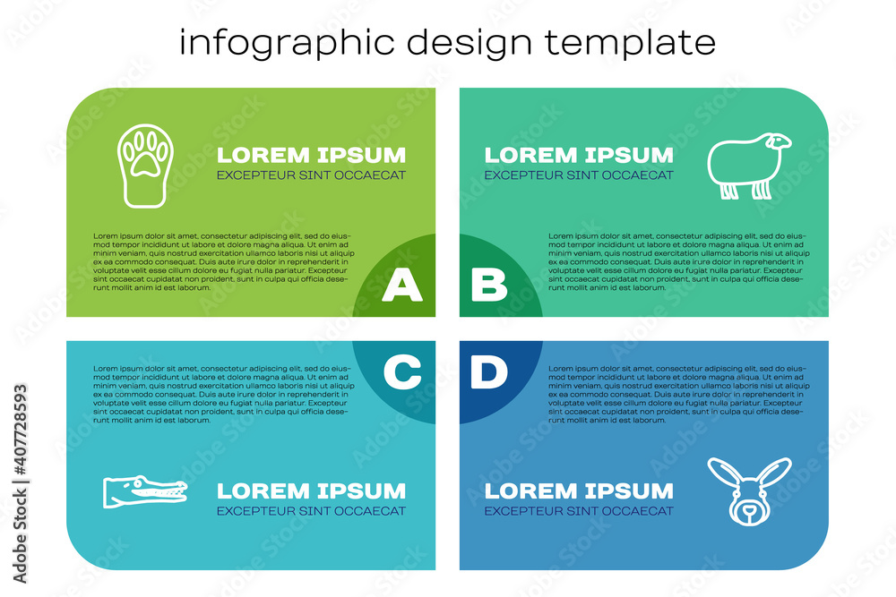 设定线鳄鱼，爪纹，兔头和绵羊。商业信息图模板。矢量。