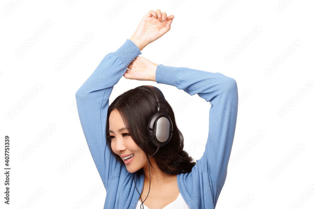 Fashion young woman wearing headset, listen to music