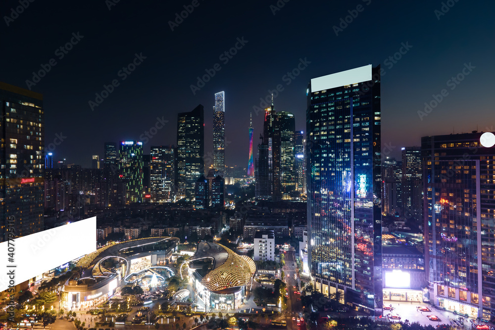 航拍广州城市建筑景观夜景