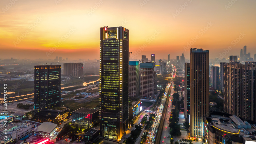 航拍广州城市建筑景观夜景