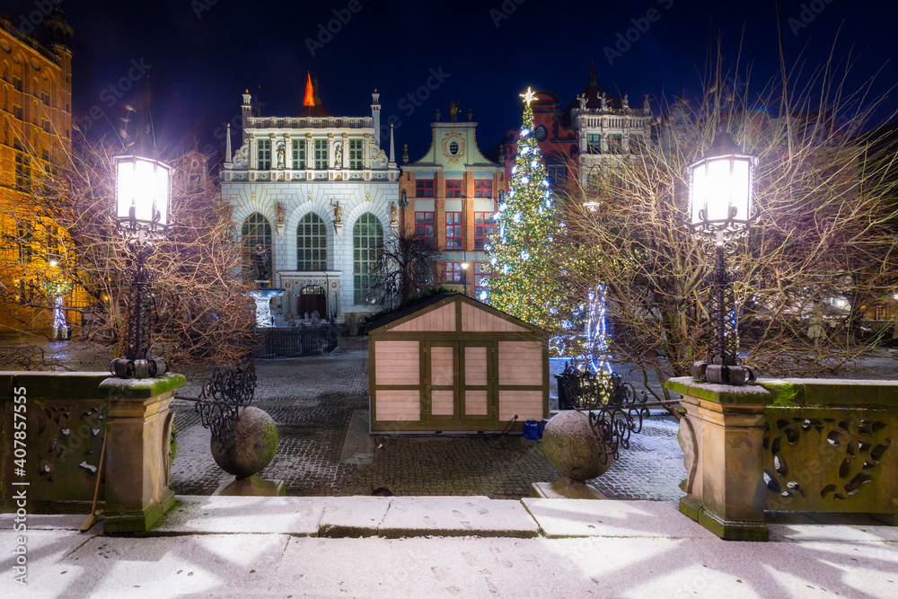 The Artus Court and fountain of the Neptune  with christmas tree, Gdansk. Poland