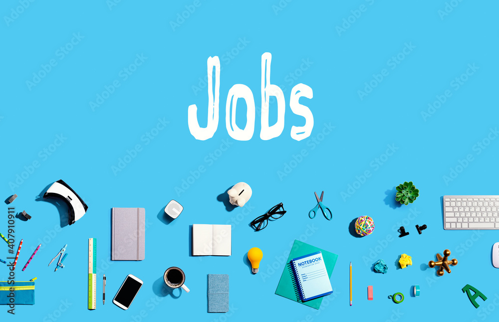 Jobs with collection of electronic gadgets and office supplies