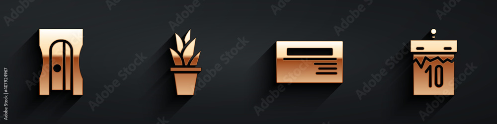 Set Pencil sharpener, Plant in pot, Business card and Calendar icon with long shadow. Vector.