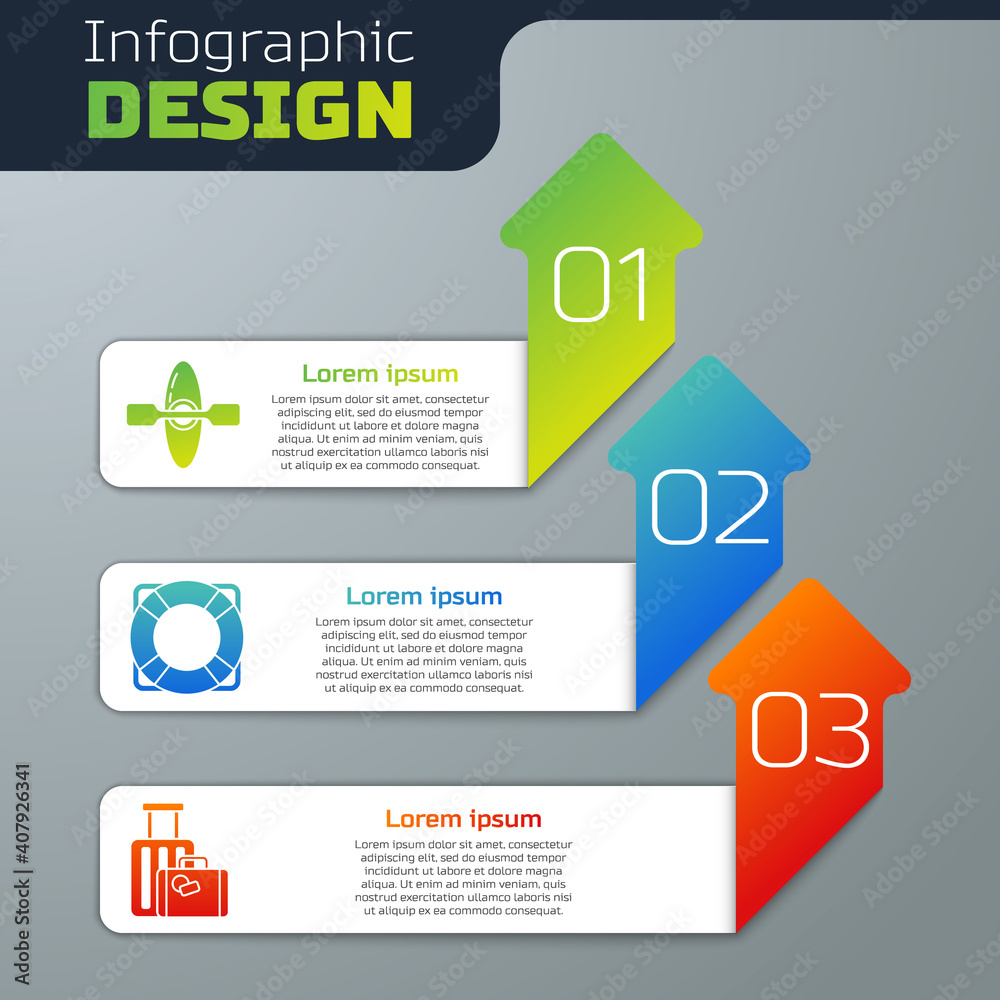 Set Kayak or canoe, Lifebuoy and Suitcase. Business infographic template. Vector.