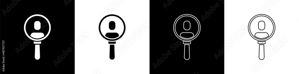 Set Magnifying glass for search a people icon isolated on black and white background. Recruitment or