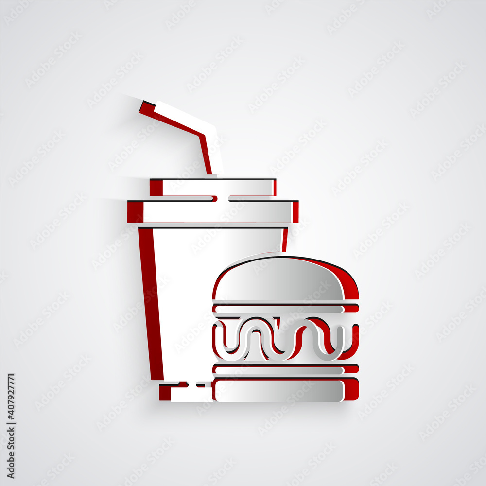 Paper cut Paper glass with drinking straw and burger icon isolated on grey background. Soda aqua dri