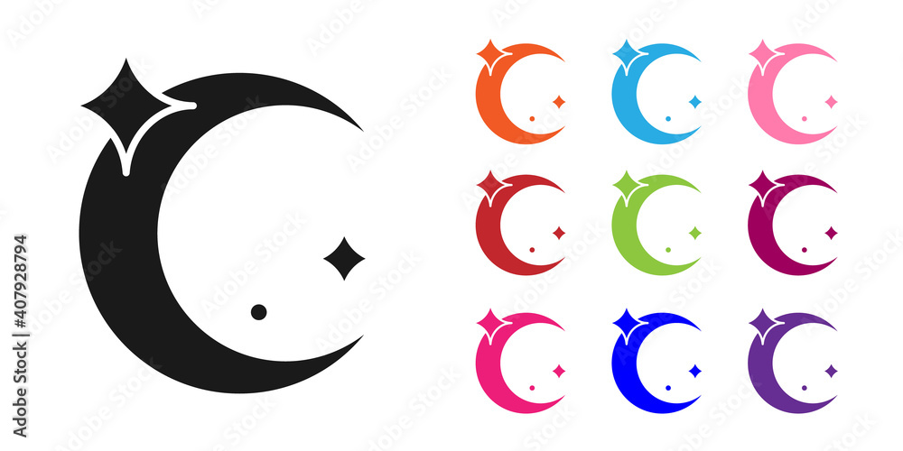 Black Moon and stars icon isolated on white background. Set icons colorful. Vector.