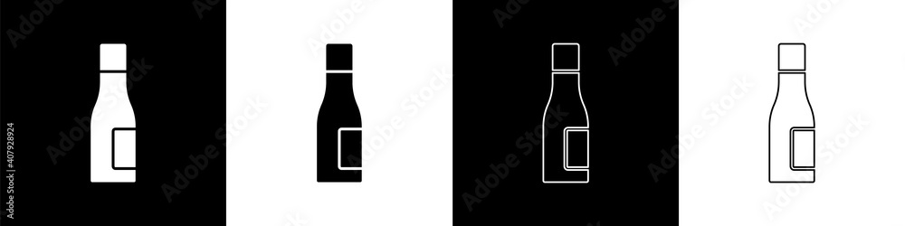 Set Bottle of water icon isolated on black and white background. Soda aqua drink sign. Vector.