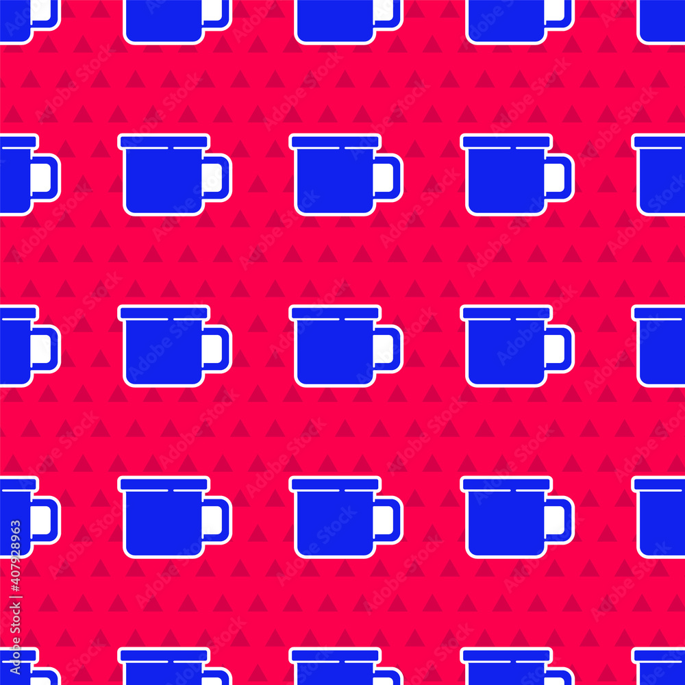 Blue Camping metal mug icon isolated seamless pattern on red background. Vector.