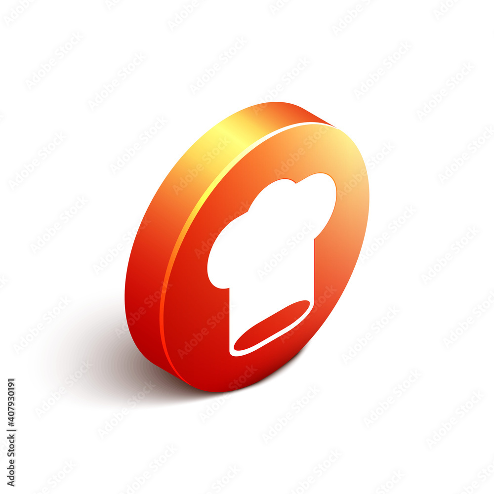 Isometric Chef hat icon isolated on white background. Cooking symbol. Cooks hat. Orange circle butto