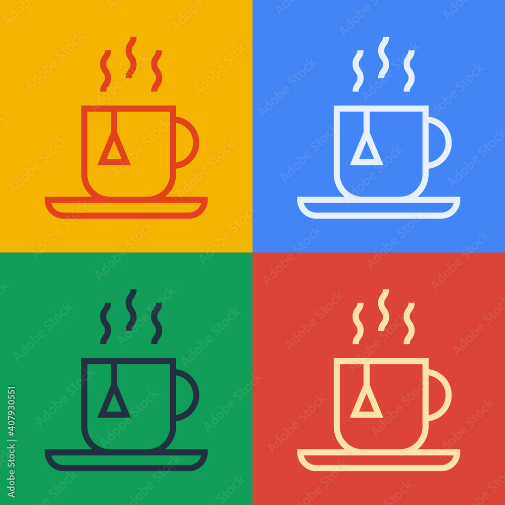 Pop art line Cup of tea with tea bag icon isolated on color background. Vector Illustration.