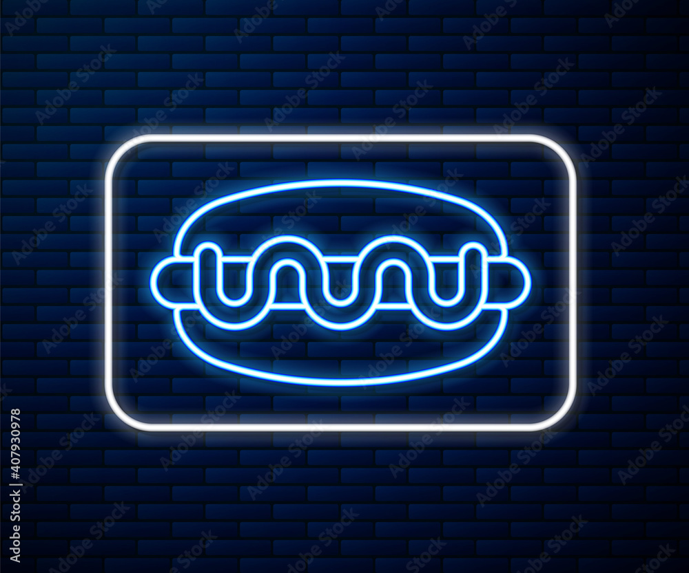 Glowing neon line Hotdog sandwich icon isolated on brick wall background. Sausage icon. Fast food si