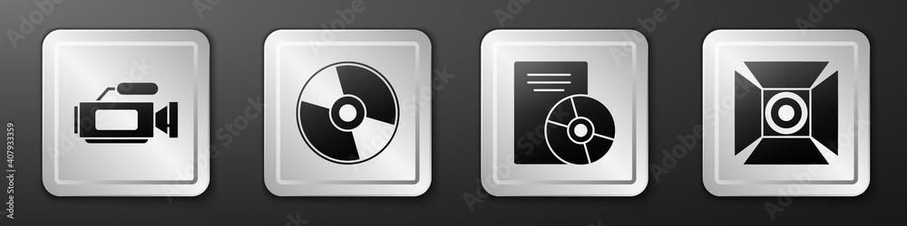 设置电影摄像机、CD或DVD盘、CD或DVD盘和电影聚光灯图标。银色方形按钮。Ve