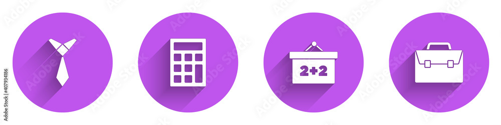 用长阴影设置领带、计算器、黑板和公文包图标。矢量。