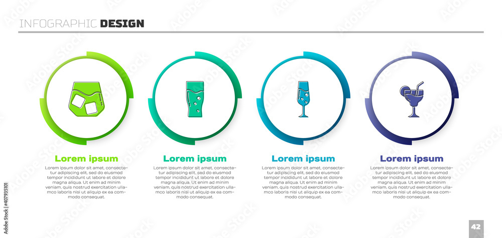 一杯威士忌、啤酒、香槟和鸡尾酒。商业信息图模板。矢量。