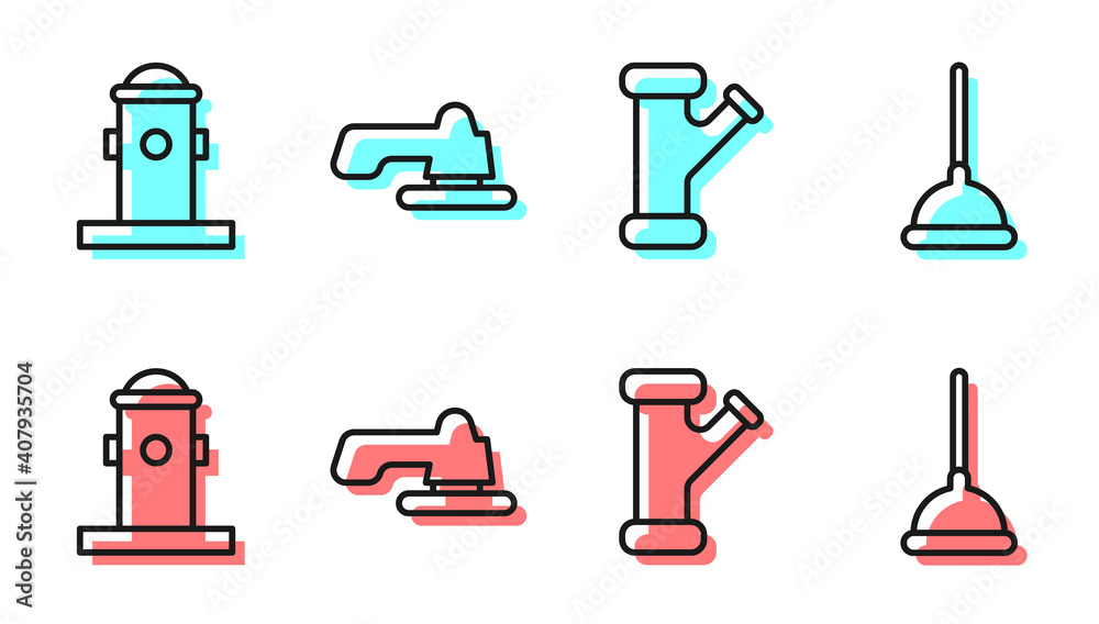 设置行业金属管道、消防栓、水龙头和橡胶柱塞图标。矢量。