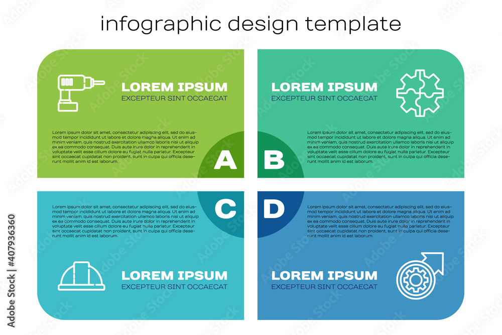 Set line Worker safety helmet, Electric drill machine, Gear and arrows as workflow process and . Bus