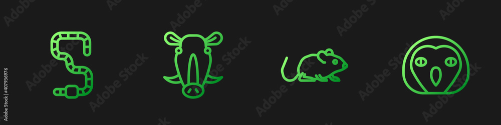 Set line Rat, Worm, Wild boar head and Owl bird. Gradient color icons. Vector.