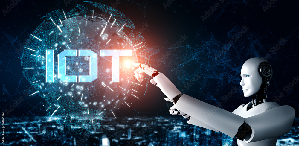 Internet connection controlled by AI robot and machine learning process to analyze data connectivity