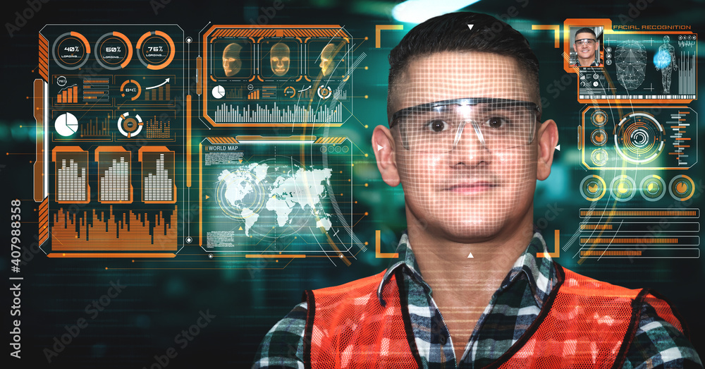 Facial recognition technology for industry worker to access machine control . Future concept interfa