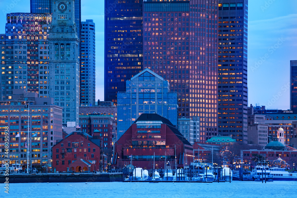 Boston city downtown view from East side of the inner harbor Massachusetts, USA