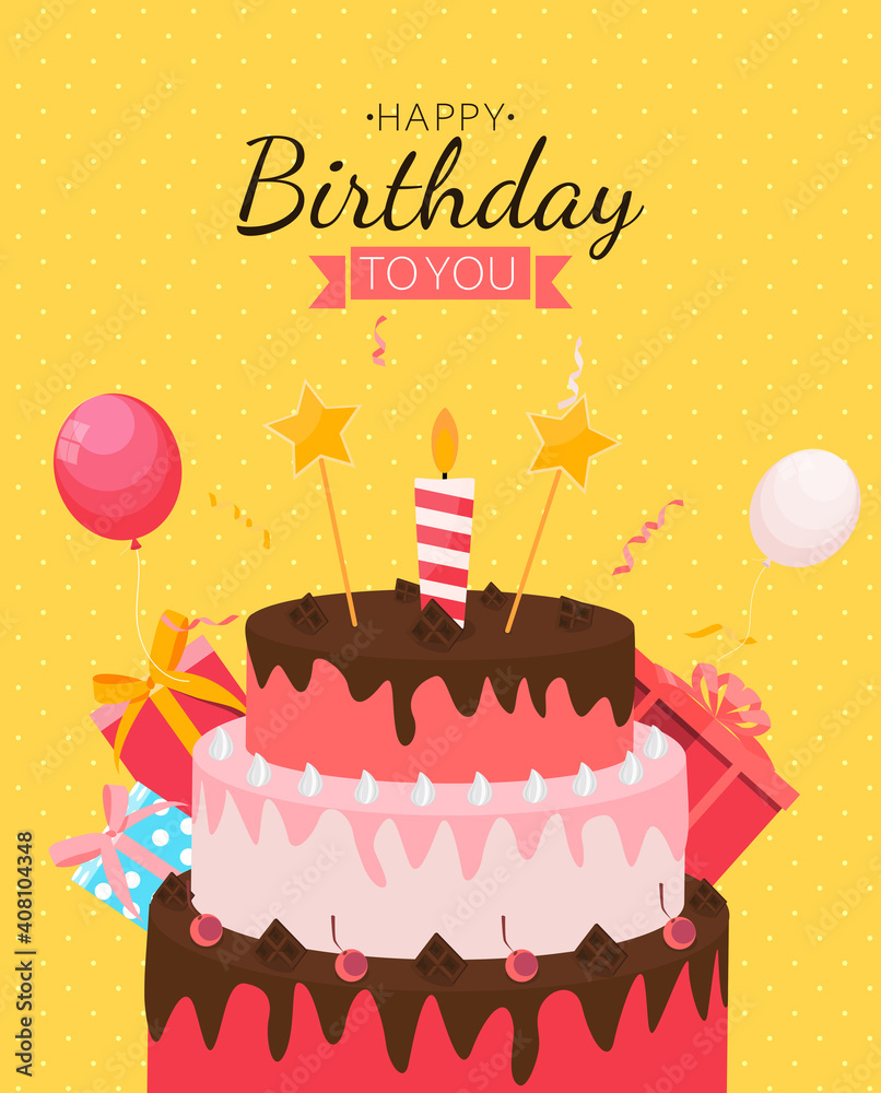 Cute Happy Birthday Background with Gift Box, Cake and Candles. Design Element for Party Invitation,