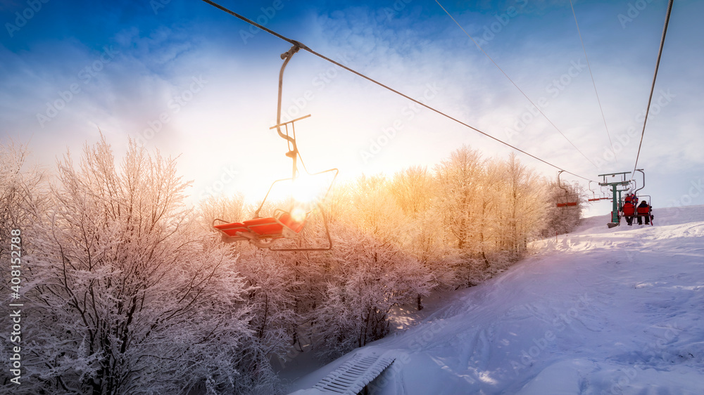 Magical sunrise at a ski resort Dolomites.