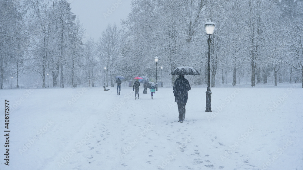 暴风雪期间，公园里的雪道上行走着无法辨认的人。