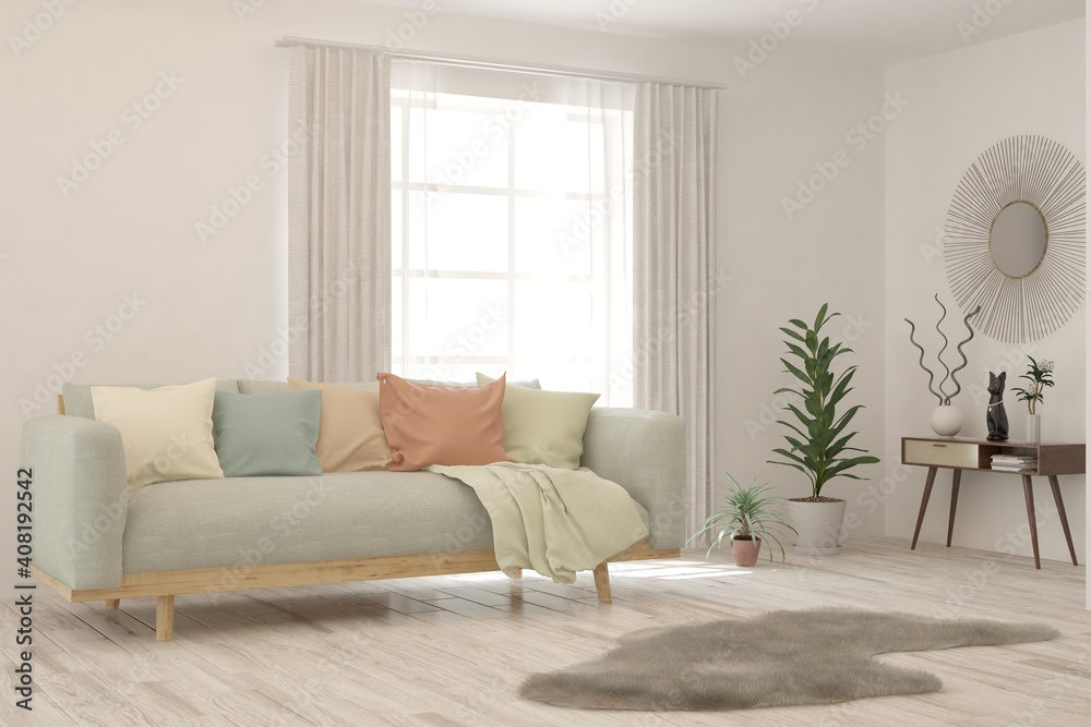 White living room with sofa. Scandinavian interior design. 3D illustration