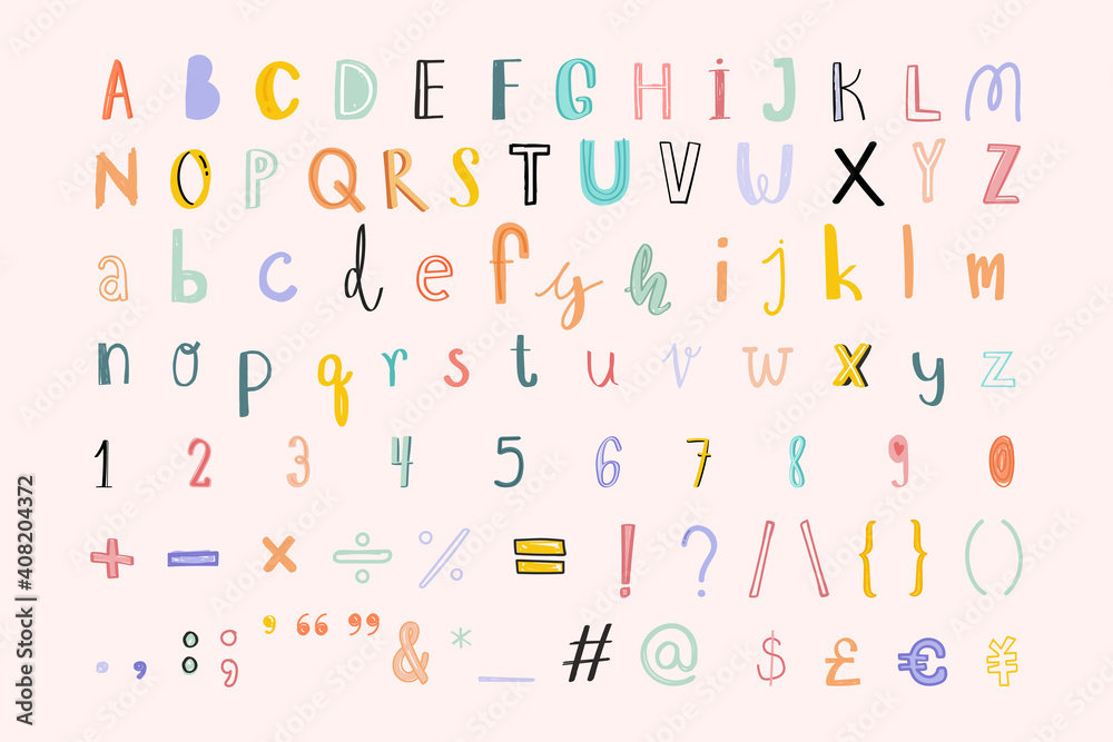 Hand drawn vector alphabet numbers sign doodle font set