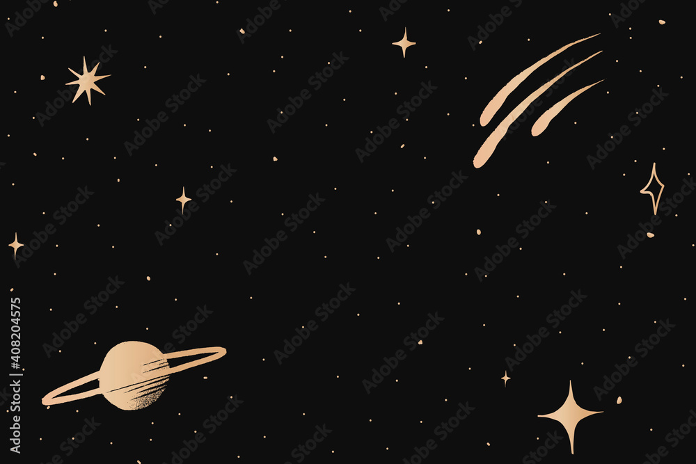 Saturn galaxy gold vector starry sky border on black background