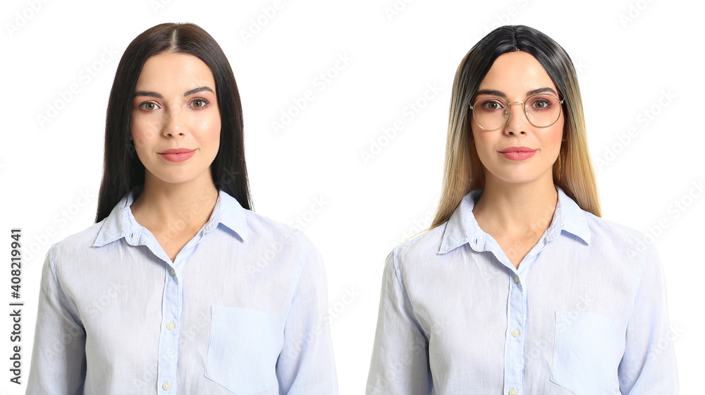 Portrait of young woman with and without wig on white background