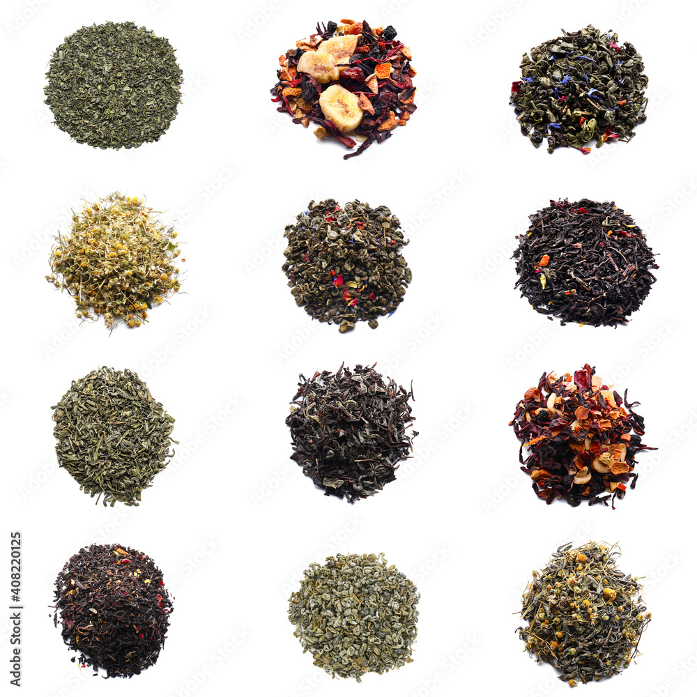 Different types of tea on white background