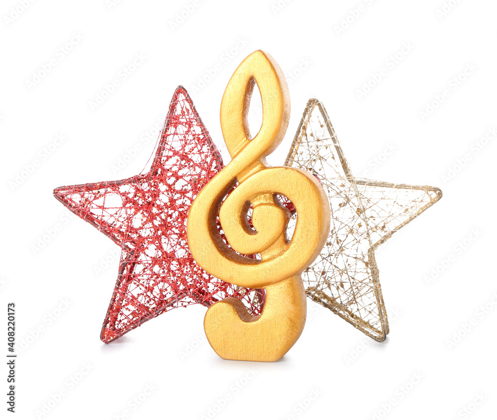 Violin clef and Christmas decor on white background