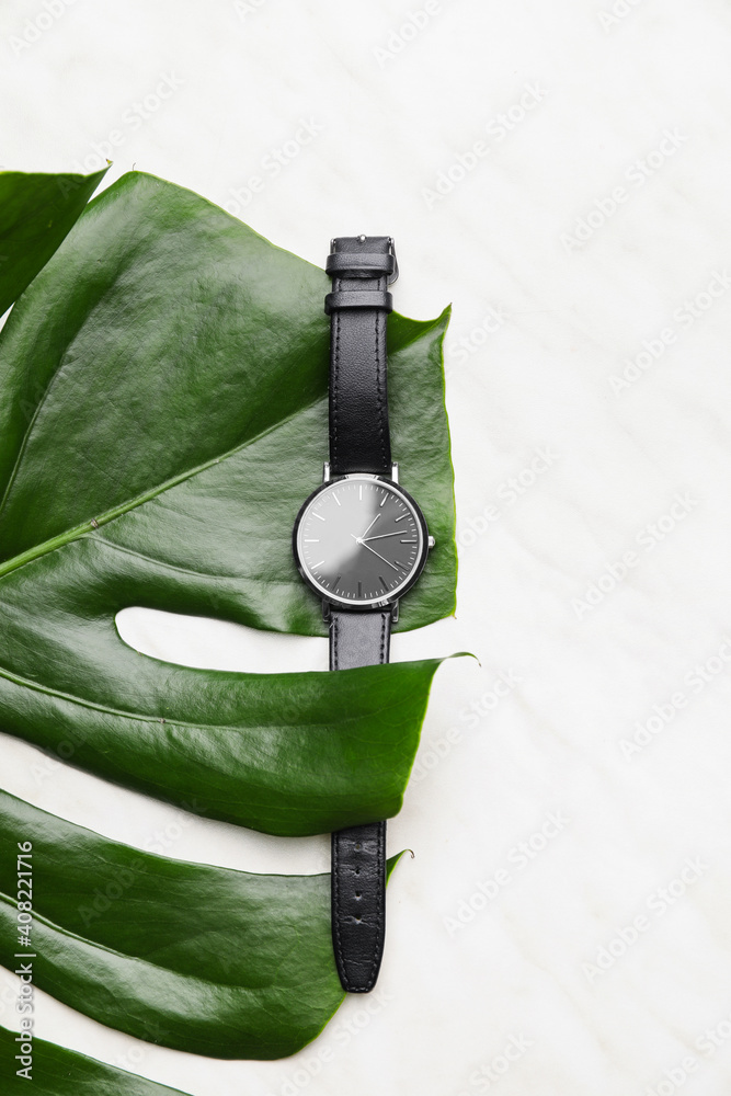 Stylish wristwatch and green leaf on light background