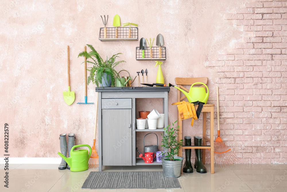 Different gardening supplies in barn