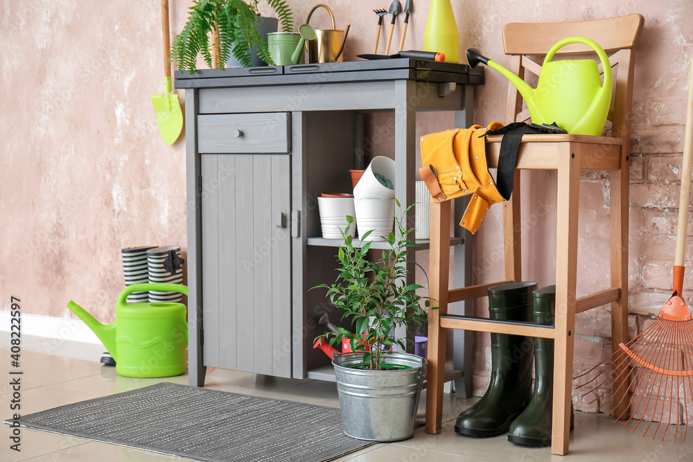 Different gardening supplies in barn