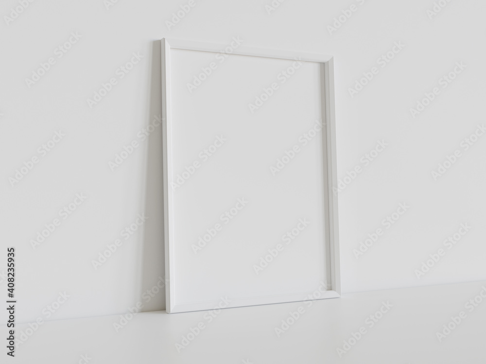 White frame leaning on white floor in interior mockup. Template of a picture framed on a wall 3D ren