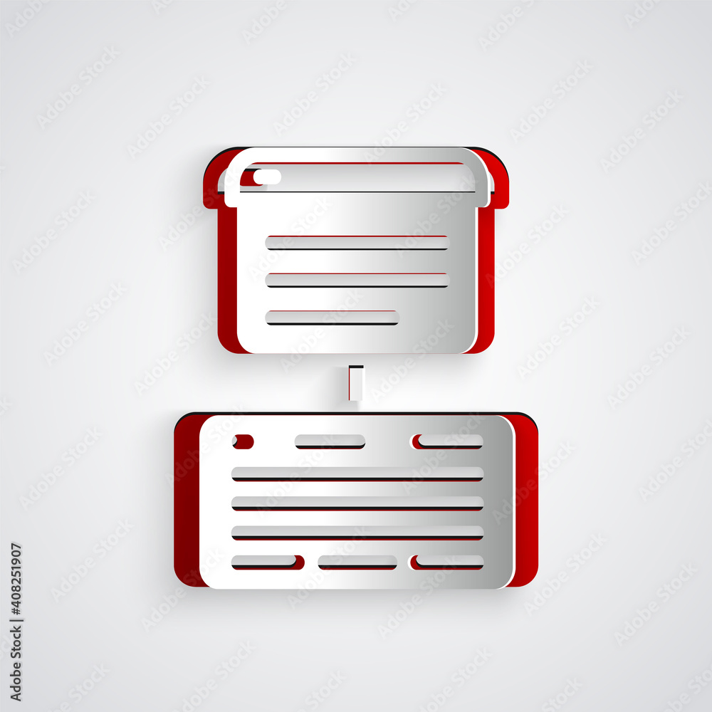 Paper cut Server, Data, Web Hosting icon isolated on grey background. Paper art style. Vector.