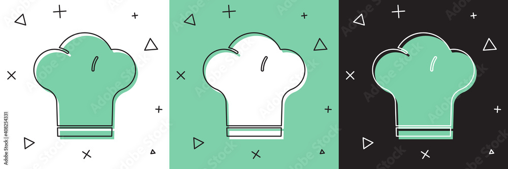 Set Chef hat icon isolated on white and green, black background. Cooking symbol. Cooks hat. Vector.