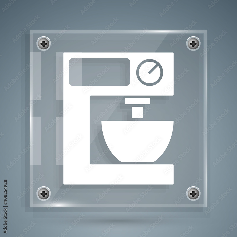 White Electric mixer icon isolated on grey background. Kitchen blender. Square glass panels. Vector.