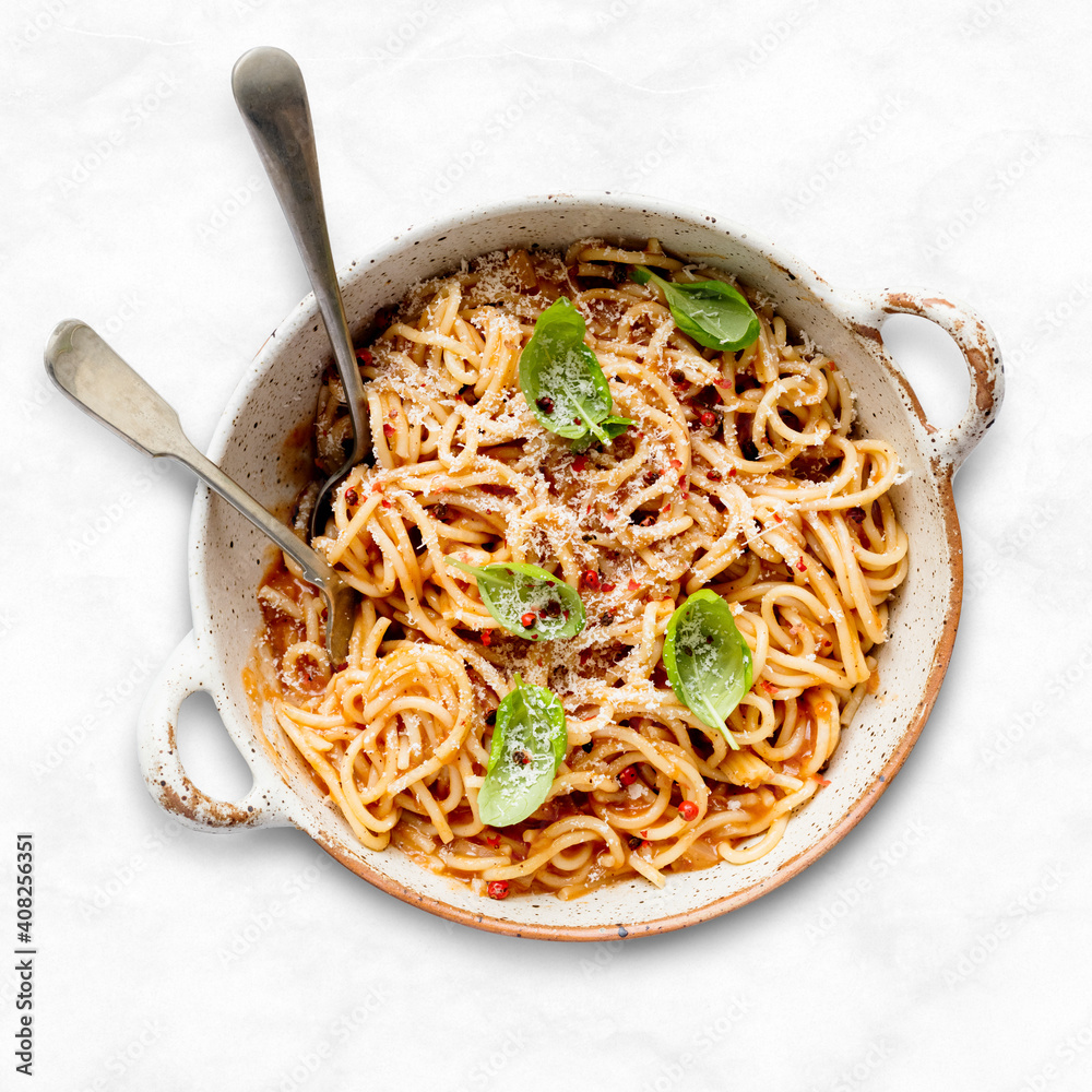 Spaghetti with marinara tomato sauce topped with parmesan and basil food photography