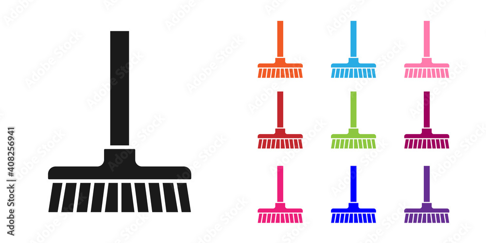 Black Handle broom icon isolated on white background. Cleaning service concept. Set icons colorful. 