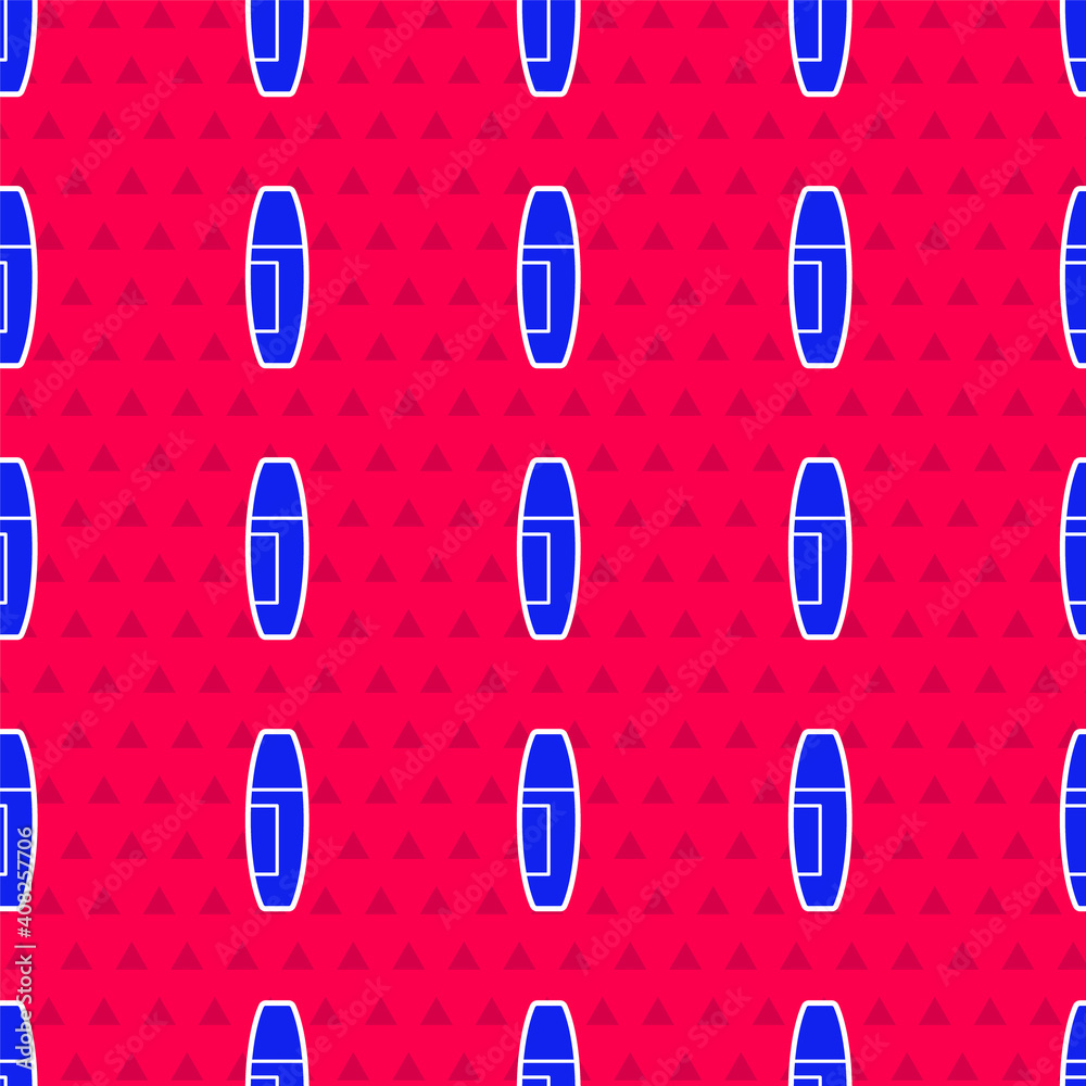 Blue Mascara brush icon isolated seamless pattern on red background. Vector.