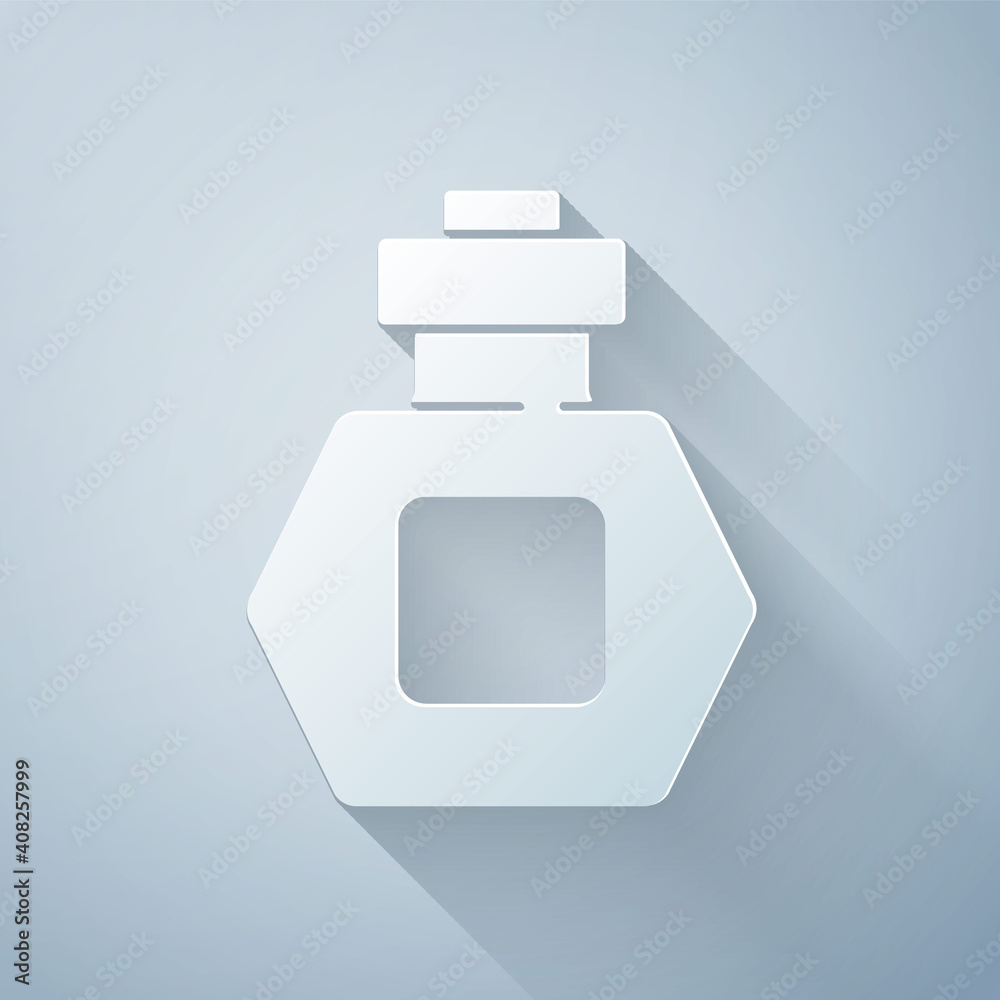 Paper cut Perfume icon isolated on grey background. Paper art style. Vector.