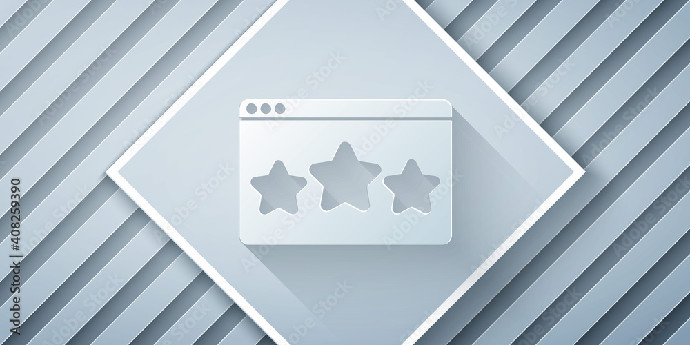 Paper cut Five stars customer product rating review icon isolated on grey background. Favorite, best