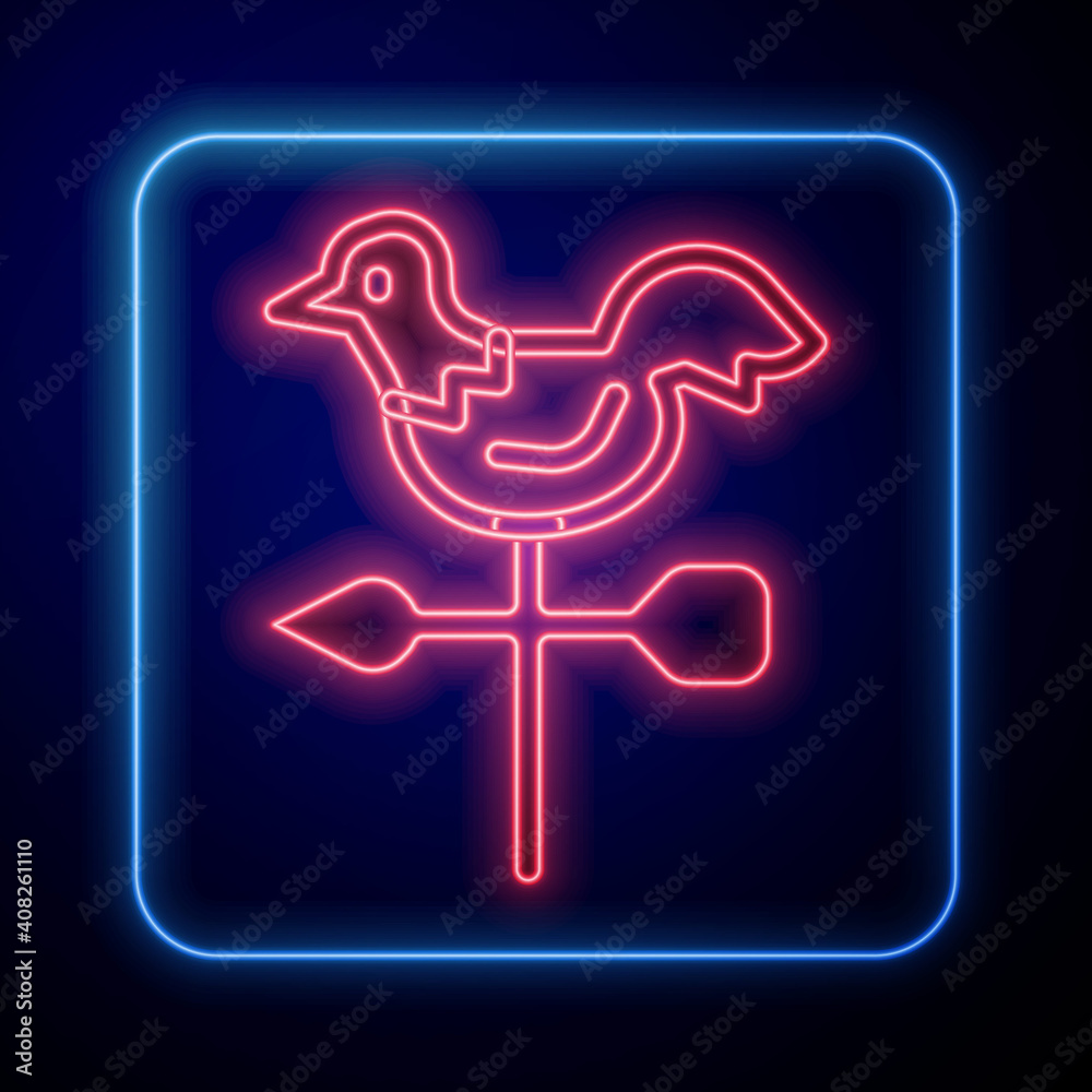 Glowing neon Rooster weather vane icon isolated on blue background. Weathercock sign. Windvane roost