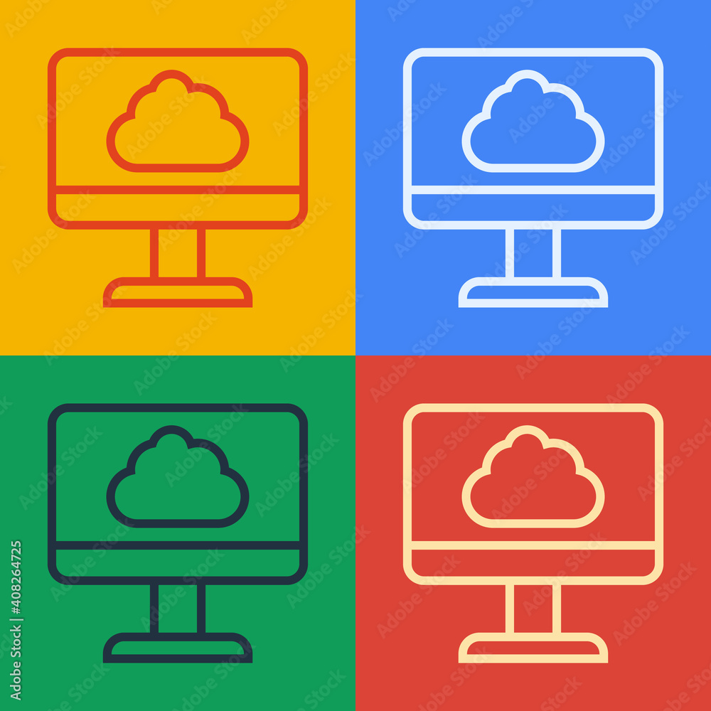 Pop art line Cloud technology data transfer and storage icon isolated on color background. Vector.